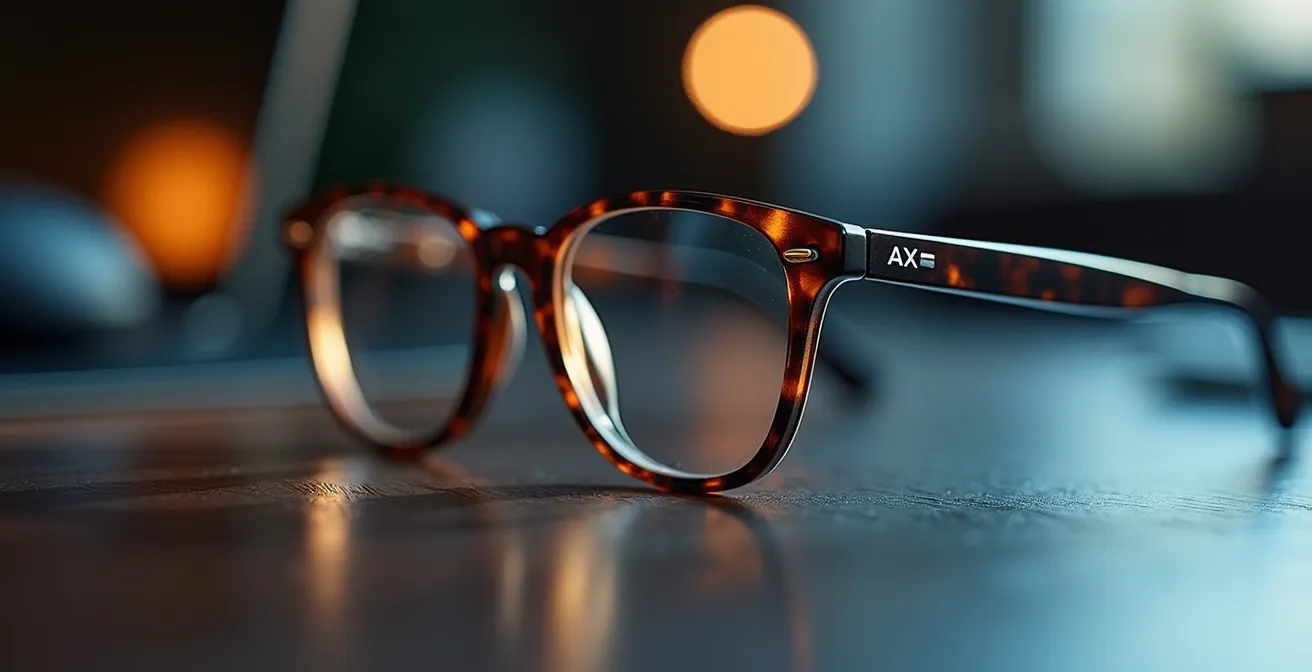 Gros plan sur des verres optiques de qualité posés sur une monture haut de gamme