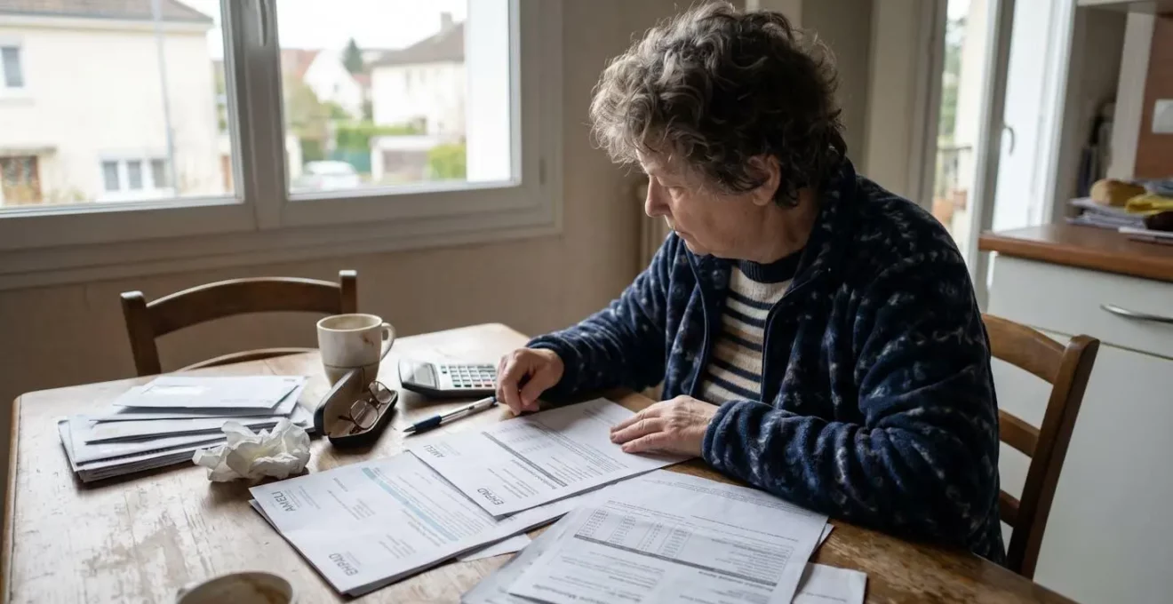 Une femme senior de dos consulte des documents de mutuelle et des factures EHPAD étalés sur une table de cuisine contemporaine, dans un intérieur lumineux.