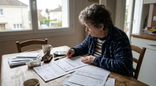 Une femme senior de dos consulte des documents de mutuelle et des factures EHPAD étalés sur une table de cuisine contemporaine, dans un intérieur lumineux.