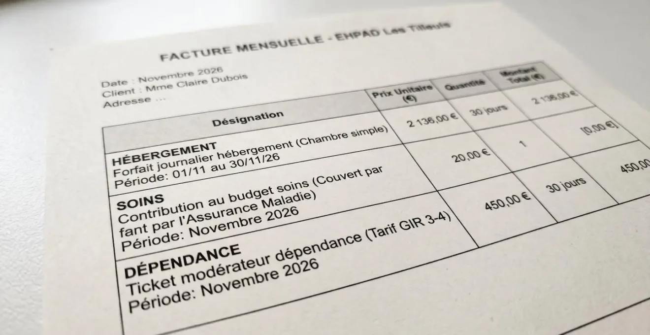 Gros plan d'une facture EHPAD mensuelle montrant trois lignes tarifaires distinctes (hébergement, soins médicaux, dépendance) sur un bureau administratif contemporain.