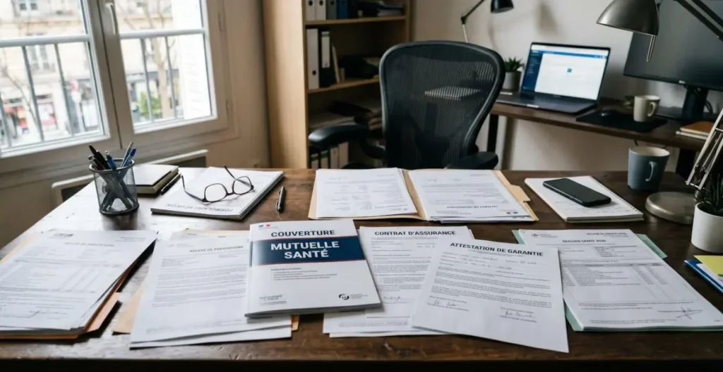 Bureau de travail contemporain avec un contrat de mutuelle santé ouvert et des documents de garanties étalés, dans un espace lumineux sans présence humaine au premier plan. Bureau de travail contemporain avec un contrat de mutuelle santé ouvert et des documents de garanties étalés, dans un espace lumineux sans présence humaine au premier plan.