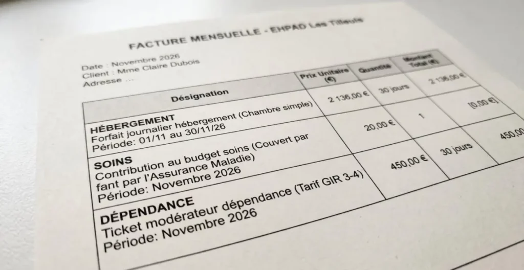 Gros plan d'une facture EHPAD mensuelle montrant trois lignes tarifaires distinctes (hébergement, soins médicaux, dépendance) sur un bureau administratif contemporain. Gros plan d'une facture EHPAD mensuelle montrant trois lignes tarifaires distinctes (hébergement, soins médicaux, dépendance) sur un bureau administratif contemporain.